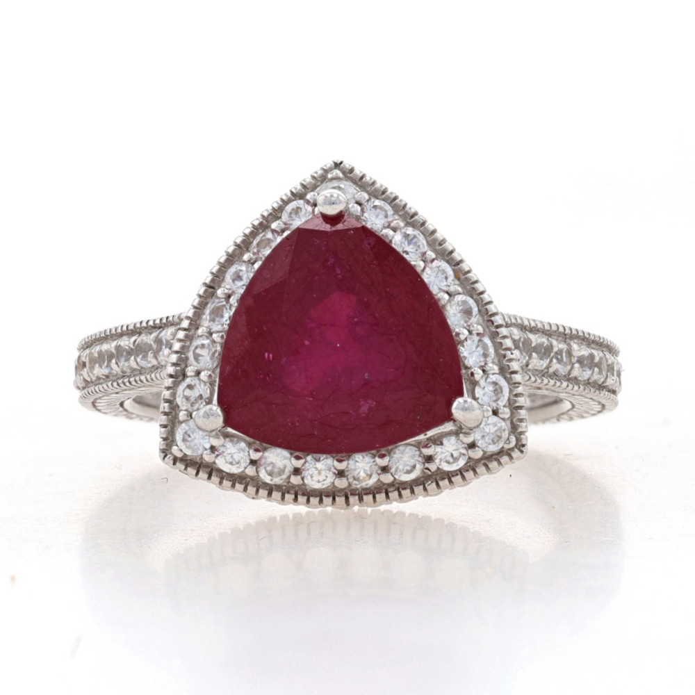 Sterling Lead Glass Filled Ruby White Sapphire Halo Ring 925 Trillion Engagement